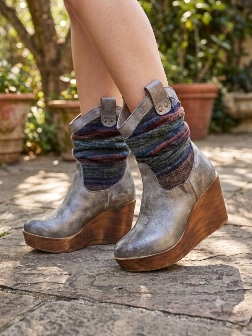 Bedstu Bruges II textile leather wood wedge platform boots